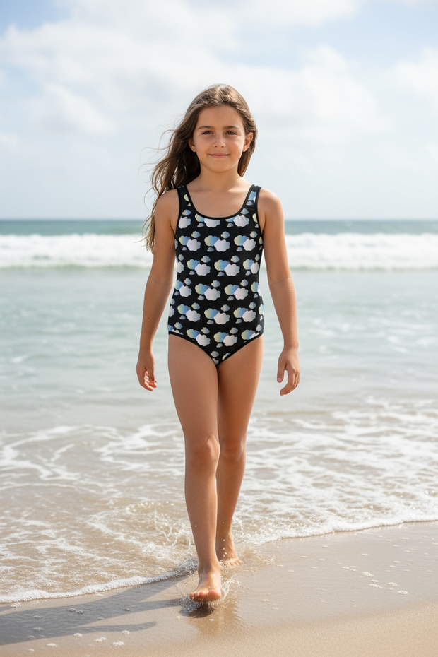 Maillot de Bain 1 pièce pour Enfant/Adolescente "In the mood for clouds" Noir