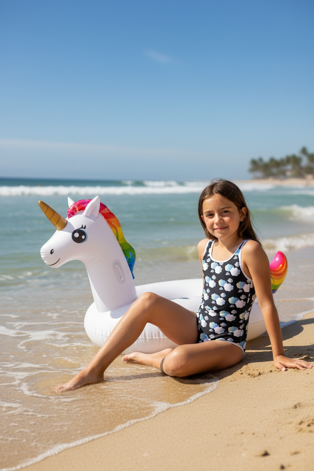 Maillot de Bain 1 pièce pour Enfant/Adolescente "In the mood for clouds" Noir